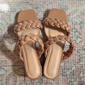 Braided Double Strap Slide Sandals - Tan WIDE